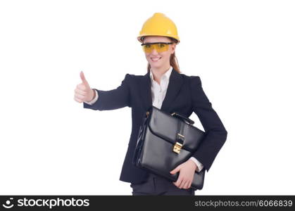 Young businesswoman with hard hat on white