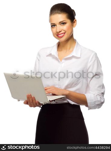 Young businesswoman with laptop isolated