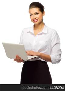 Young businesswoman with laptop isolated