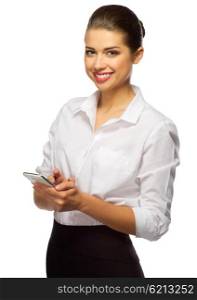 Young businesswoman with mobile phone isolated