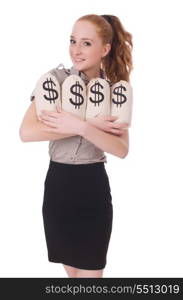 Young businesswoman with money sacks on white