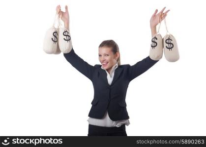 Young businesswoman with money sacks on white