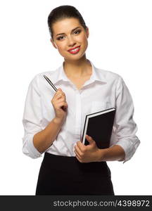 Young businesswoman with notebook isolated