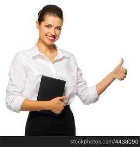 Young businesswoman with notebook isolated