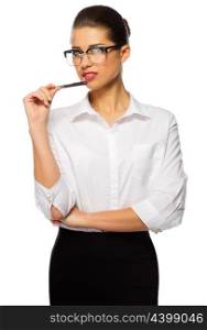 Young businesswoman with pen isolated