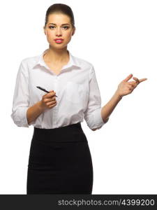 Young businesswoman with pen isolated