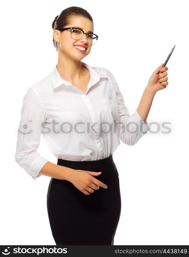 Young businesswoman with pen isolated