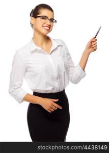 Young businesswoman with pen isolated