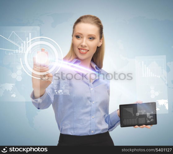 young businesswoman working with tablet pc and virtual screen