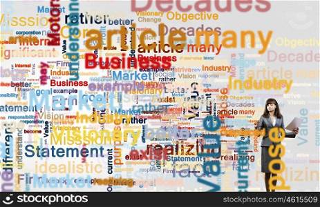 Young businesswoman writing different words on screen. Copyright concept