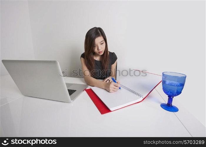 Young businesswoman writing on diary at office desk