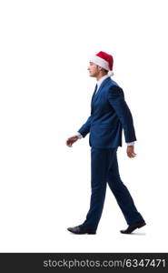 Young busnessman wearing santa hat in christmas concept on white