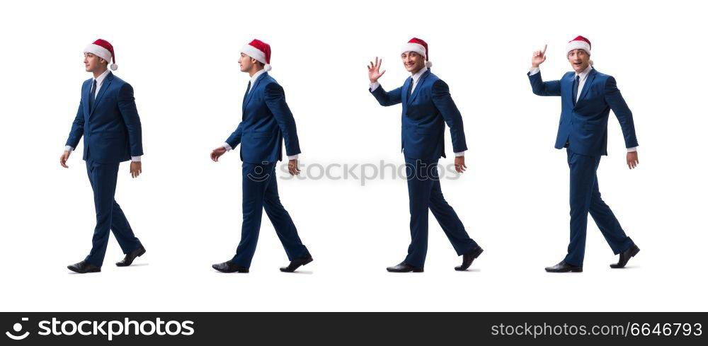 Young busnessman wearing santa hat in christmas concept on white