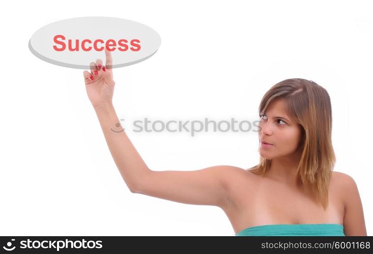 Young Bussinesswoman, presses key - Isolated over White