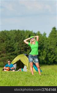 Young camping couple girl posing man play guitar sunny countryside