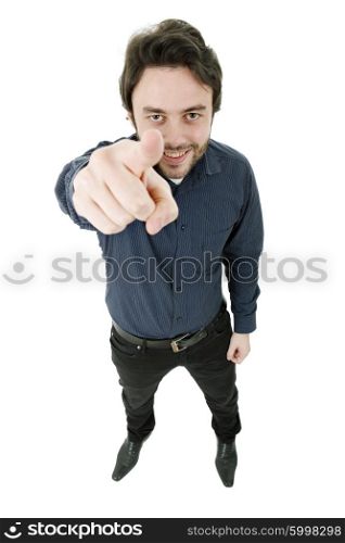 young casuak man full body pointing, isolated on white
