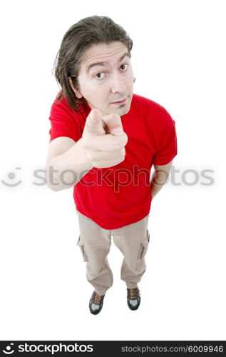 young casuak man full body pointing, isolated on white