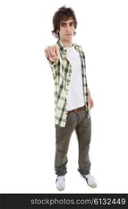 young casuak man full body pointing, isolated on white