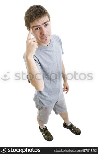 young casuak man full body pointing to his head, isolated on white