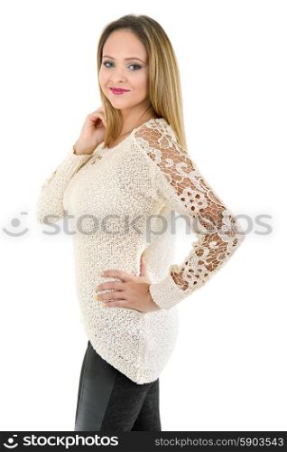 young casual beautiful teen woman, isolated in white