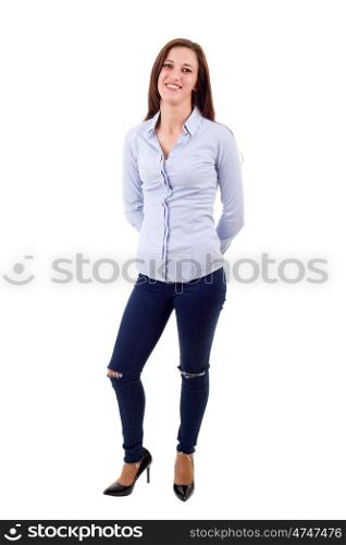 young casual beautiful woman full length, isolated in white