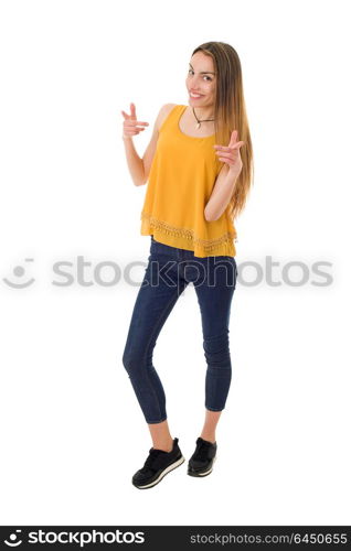 young casual beautiful woman full length, isolated in white