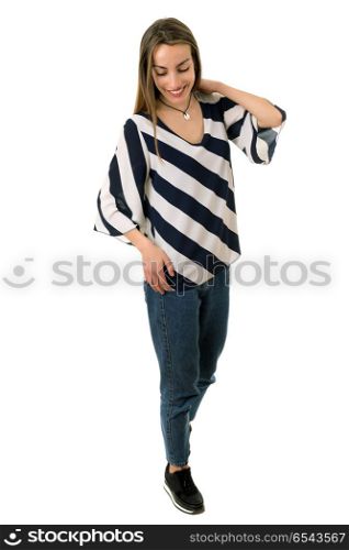 young casual beautiful woman full length, isolated in white. beautiful woman