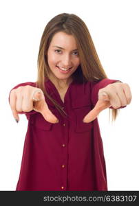 young casual beautiful woman pointing, isolated in white