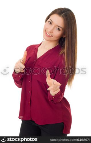 young casual beautiful woman pointing, isolated in white