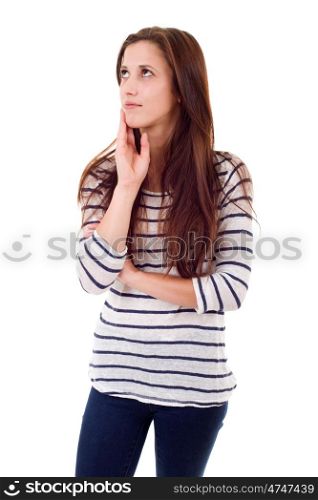 young casual beautiful woman thinking, isolated in white