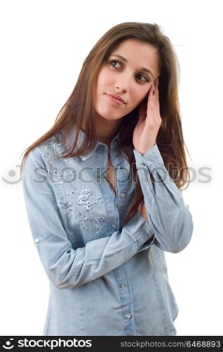 young casual beautiful woman with a headache, isolated in white