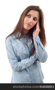 young casual beautiful woman with a headache, isolated in white