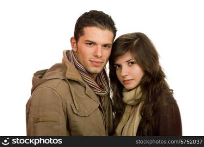 young casual couple in love isolated on white