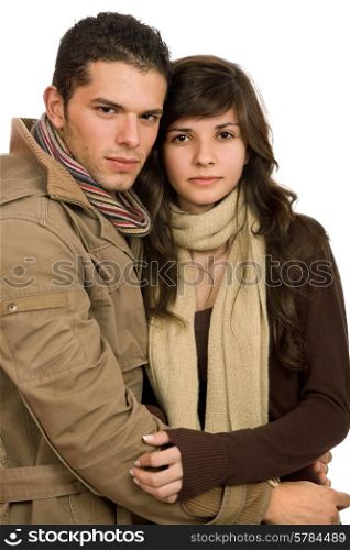 young casual couple in love isolated on white