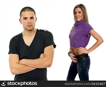 young casual couple portrait in white background