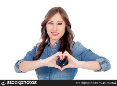 Young casual girl making a heart with her hands isolated on a white background