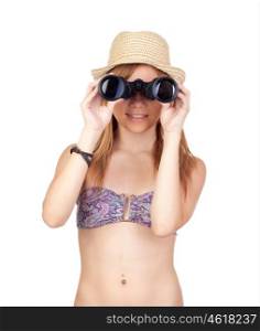 Young Casual Girl with Bikini Watching for a Binocular solated on White Background