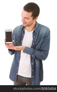 young casual happy man showing a phone, isolated