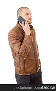 young casual happy man with a phone, isolated