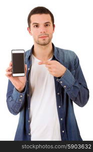 young casual happy man with a phone, isolated