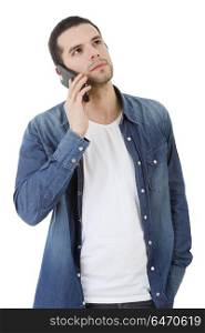 young casual happy man with a phone, isolated. on the phone