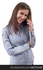 young casual happy woman on the phone, isolated. woman on the phone