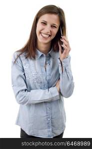young casual happy woman with a phone, isolated