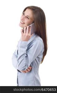 young casual happy woman with a phone, isolated. on the phone