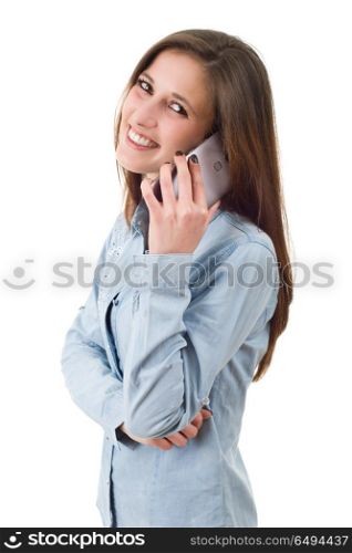 young casual happy woman with a phone, isolated. on the phone
