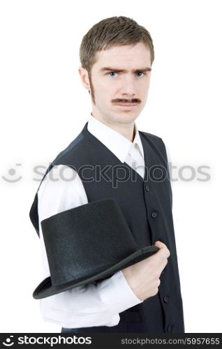 young casual man dressed as vintage groom, isolated