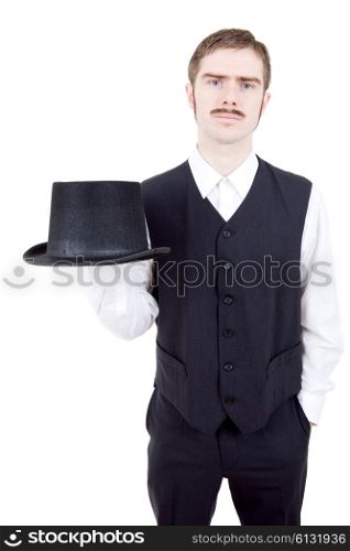 young casual man dressed as vintage groom, isolated