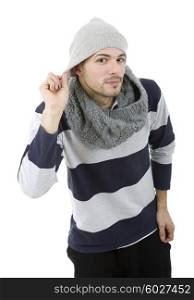 young casual man dressed for winter, isolated on white