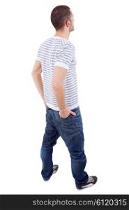 young casual man from the back looking, full body, isolated