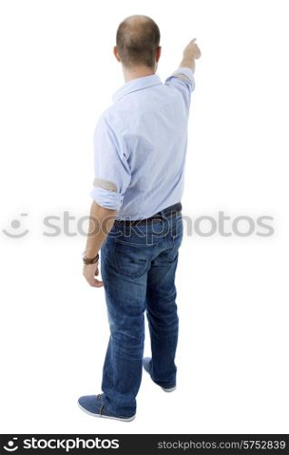 young casual man from the back pointing, full body, isolated